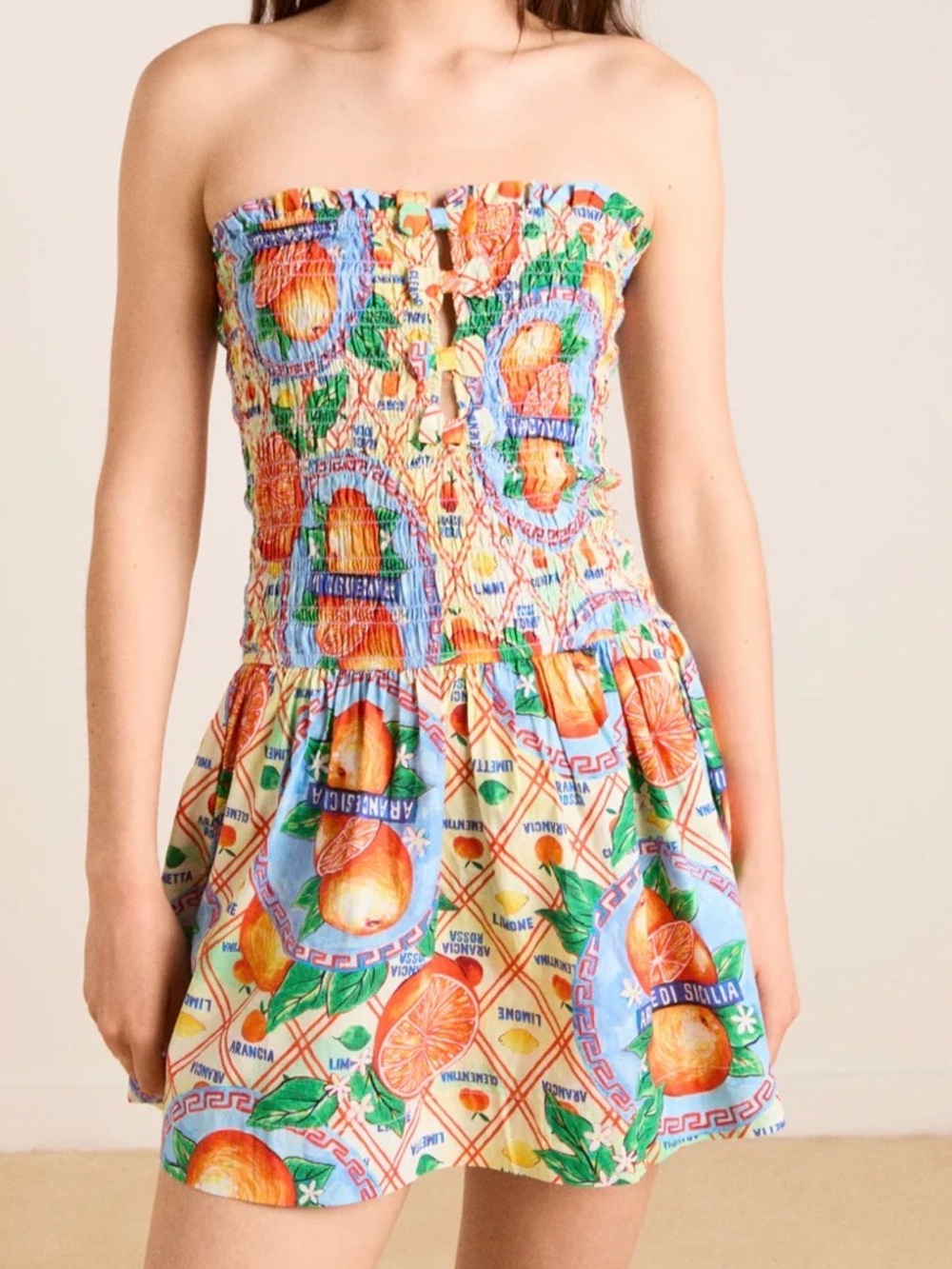 Damson Madder fleur shirred mini dress- orange fruit wrapper -10 UK (6 US)/MULTI